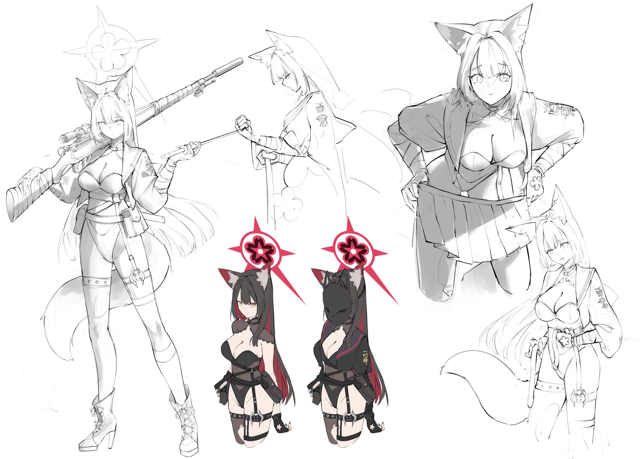 vam (js vam), wakamo (blue archive), blue archive, highres, 1girl, animal ear fluff, animal ears, arisaka, black hair, black leotard, bolt action, breasts, clothes pull, colored inner hair, flower, fox ears, fox girl, fox mask, fox tail, gun, halo, large breasts, leotard, long hair, mask, monochrome, multicolored hair, red halo, rifle, see-through clothes, see-through leotard, sketch, skirt, skirt pull, tail, tail flower, tail ornament, weapon, yellow eyes