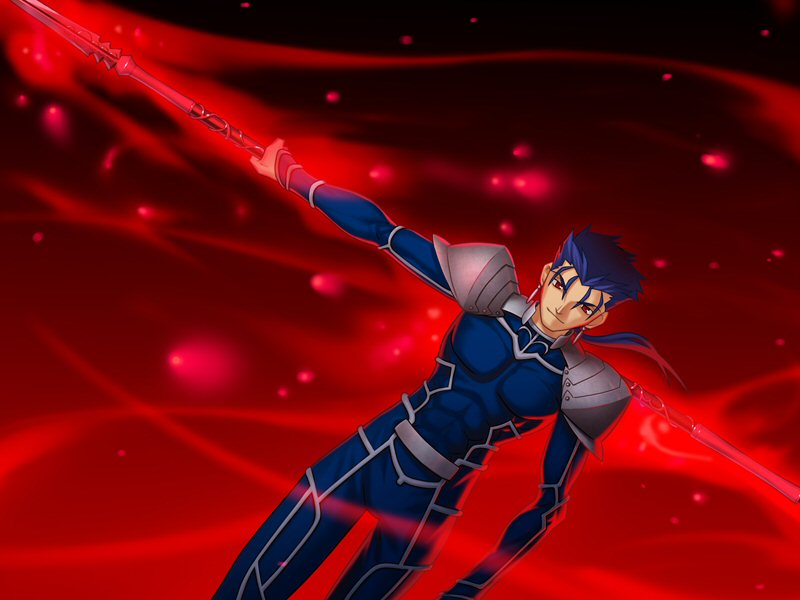 takeuchi takashi, cu chulainn (fate), cu chulainn (fate/stay night), cu chulainn (lancer) (fate), fate/stay night, fate (series), game cg, 00s, 1boy, blue hair, gae bolg (fate), male focus, polearm, red background, red eyes, solo, spear, weapon