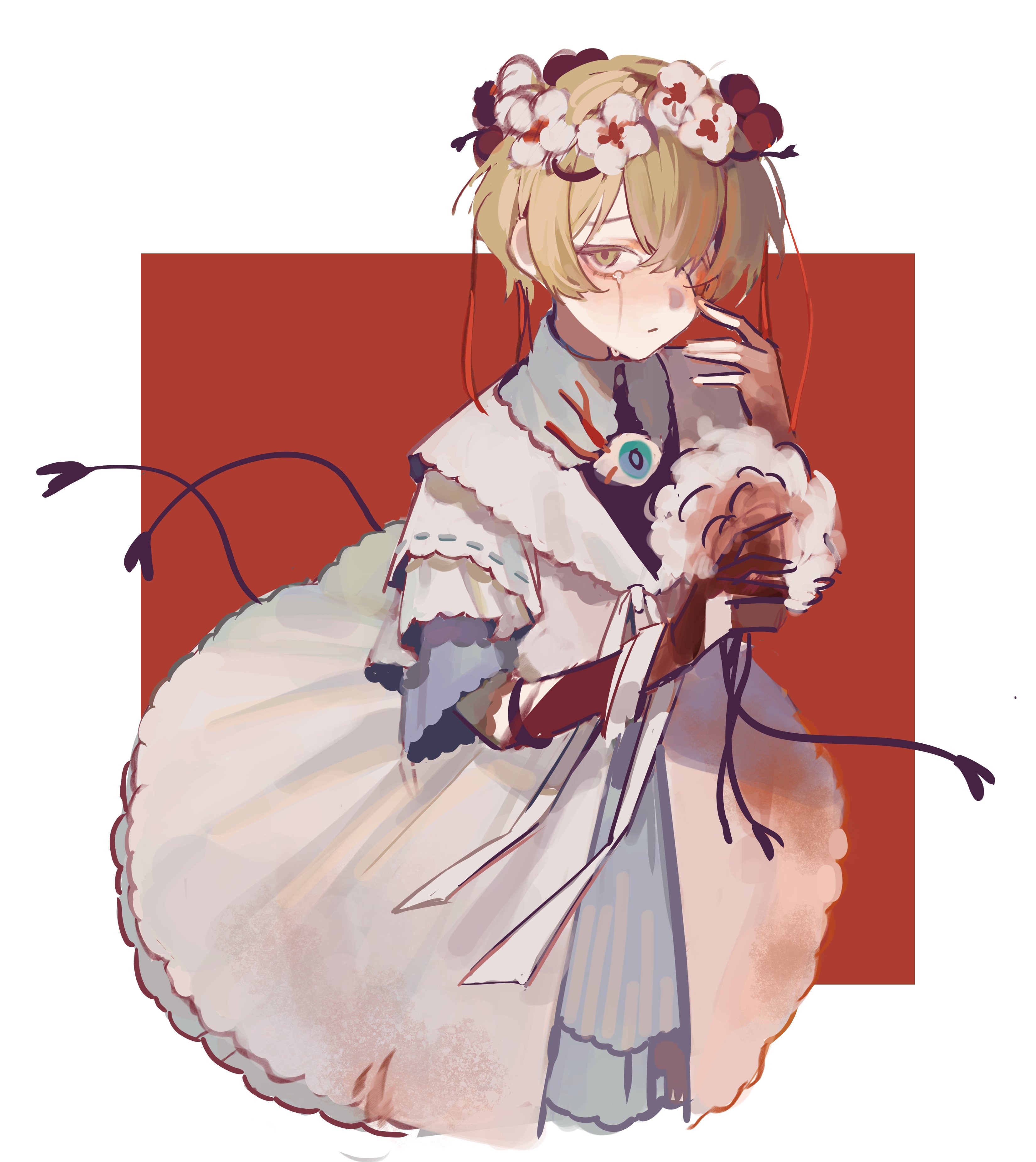may.l, sinclair (project moon), limbus company, project moon, absurdres, highres, 1boy, bandage over one eye, blonde hair, blood, blood on hands, border, collared dress, crossdressing, crossdressing (mtf), dress, e.g.o (project moon), flower, head wreath, looking at viewer, male focus, red background, ribbon, short hair, simple background, solo, upper body, white border, white dress, white flower, white ribbon, yellow eyes