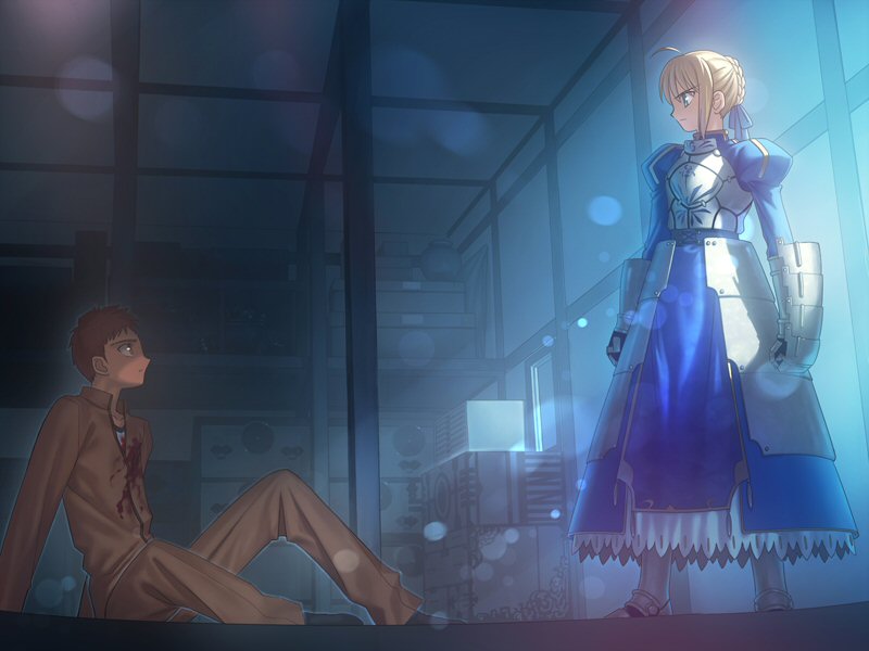 takeuchi takashi, artoria pendragon (fate), emiya shirou, saber (fate), fate/stay night, fate (series), black legwear, game cg, 00s, 1boy, 1girl, are you my master, armor, armored dress, blonde hair, blood, blood on clothes, braid, braided bun, dark, dress, faulds, from side, frown, green eyes, hair bun, indoors, single hair bun, sitting, socks, standing