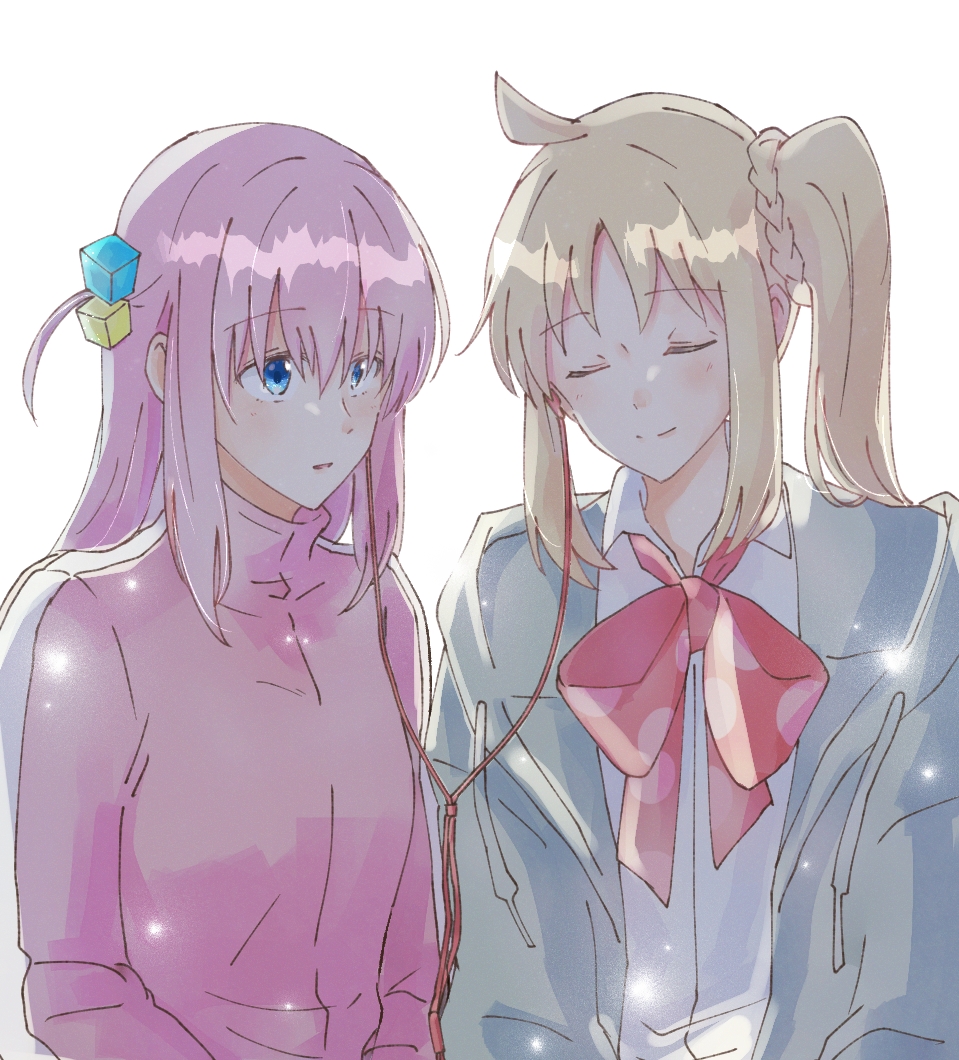 appleajyuxxxx, gotoh hitori, ijichi nijika, bocchi the rock!, commentary request, 2girls, blonde hair, blue eyes, bow, bowtie, cardigan, closed eyes, closed mouth, collared shirt, cube hair ornament, earbuds, earphones, grey cardigan, hair ornament, jacket, listening to music, long hair, multiple girls, parted lips, pink hair, pink jacket, polka dot, polka dot bow, polka dot bowtie, red bow, red bowtie, shared earphones, shirt, side ponytail, sidelocks, simple background, straight hair, track jacket, upper body, white background, white shirt, wing collar