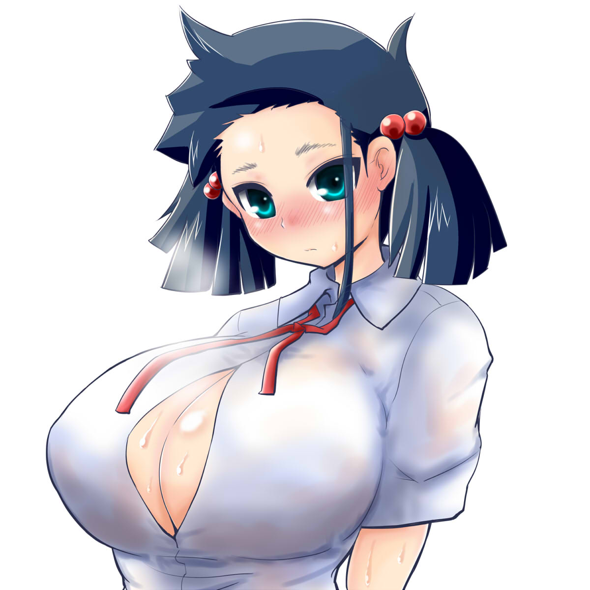 itini-sanshi, ueshige suzu, saki (manga), commentary request, highres, 1girl, black hair, blue eyes, blush, breasts, button gap, cleavage, closed mouth, expressionless, forehead, hair bobbles, hair ornament, huge breasts, looking at viewer, neck ribbon, no bra, nose blush, red ribbon, ribbon, short hair, simple background, solo, upper body, white background