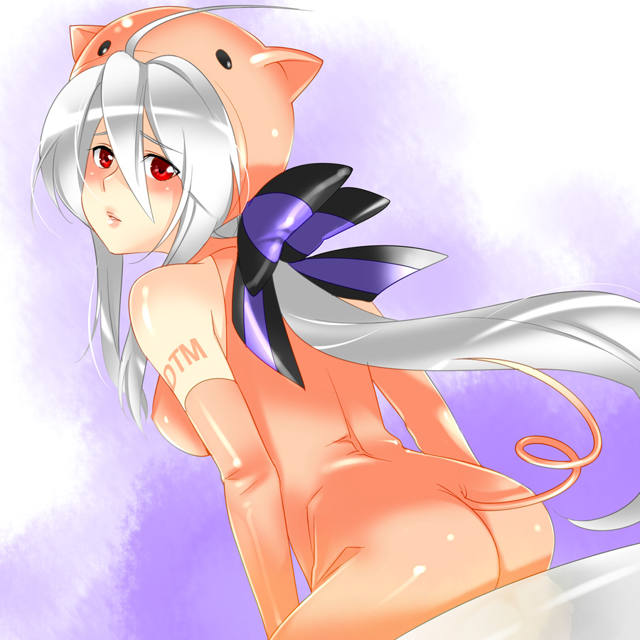 caffein, yowane haku, vocaloid, silver hair, 1girl, animal costume, animal hood, arm tattoo, ass, blush, bow, breasts, female focus, gradient background, hair ribbon, hood, long hair, pig, ponytail, red eyes, ribbon, solo, tattoo, very long hair