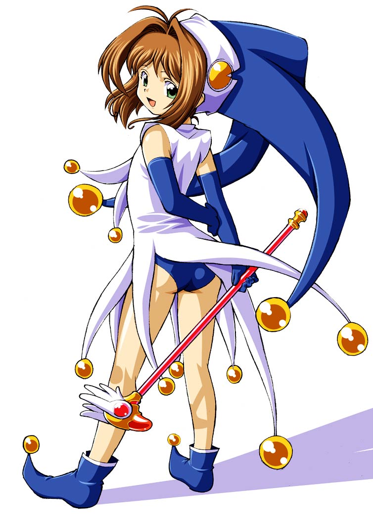 daikinbakuju, kinomoto sakura, kinomoto sakura (water fairy), cardcaptor sakura, 1990s (style), 1girl, ass, blue gloves, blue hat, brown hair, elbow gloves, female focus, full body, fuuin no tsue, gloves, green eyes, happy, hat, holding, holding behind back, jester, leotard, looking at viewer, looking back, magical girl, retro artstyle, short hair, solo, standing, wand, white background