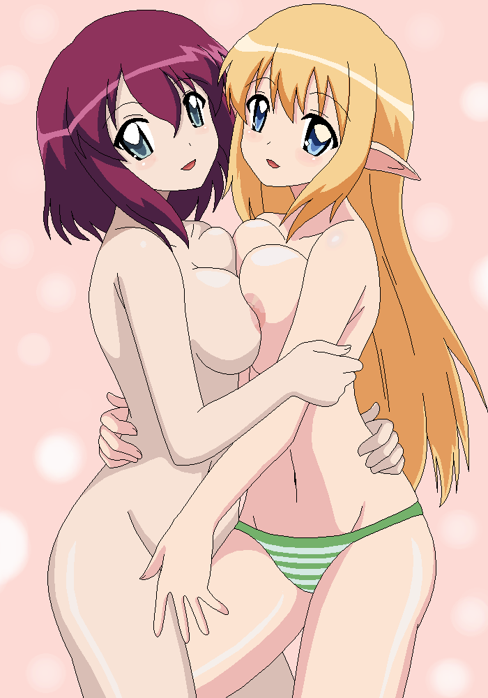 kuro hopper, henrietta de tristain, tiffania westwood, zero no tsukaima, bad id, bad pixiv id, 00s, 2girls, blonde hair, blue eyes, breast press, breasts, cousins, elf, incest, large breasts, long hair, multiple girls, nipples, nipples touching, no bra, nude, oekaki, panties, pointy ears, purple hair, short hair, striped clothes, striped panties, symmetrical docking, underwear, yuri