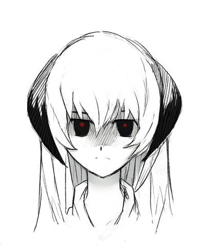 nanashin, hanyuu, higurashi no naku koro ni, lowres, 00s, 1girl, female focus, horns, long hair, monochrome, portrait, red eyes, serious, simple background, sketch, solo, spot color