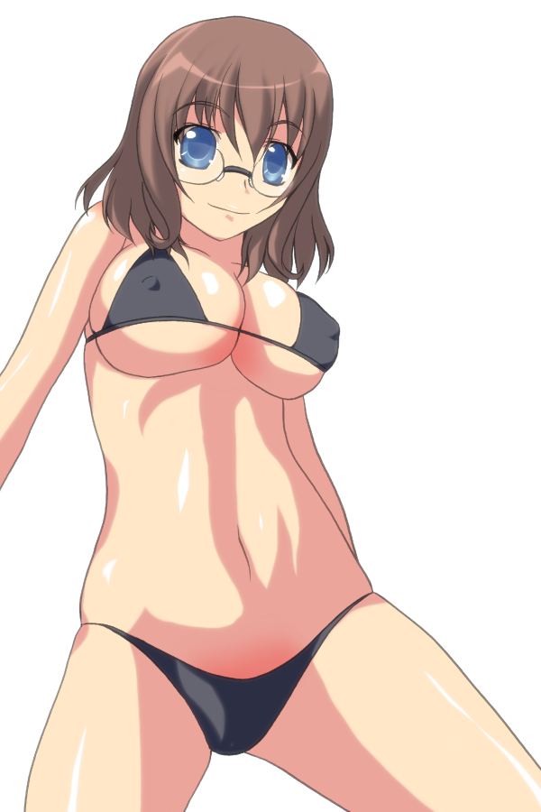 yuuki1103, honami takase ambler, rental magica, 00s, 1girl, bikini, black bikini, blue eyes, breasts, brown hair, covered erect nipples, female focus, glasses, large breasts, short hair, simple background, smile, solo, swimsuit, underboob