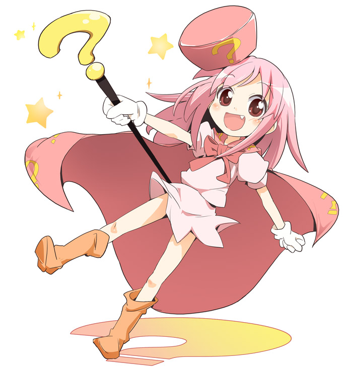 ixy, hatena yousei, benesse, 1girl, blush, boots, cape, fang, female focus, gloves, happy, hat, long hair, pink hair, pink hat, solo, staff