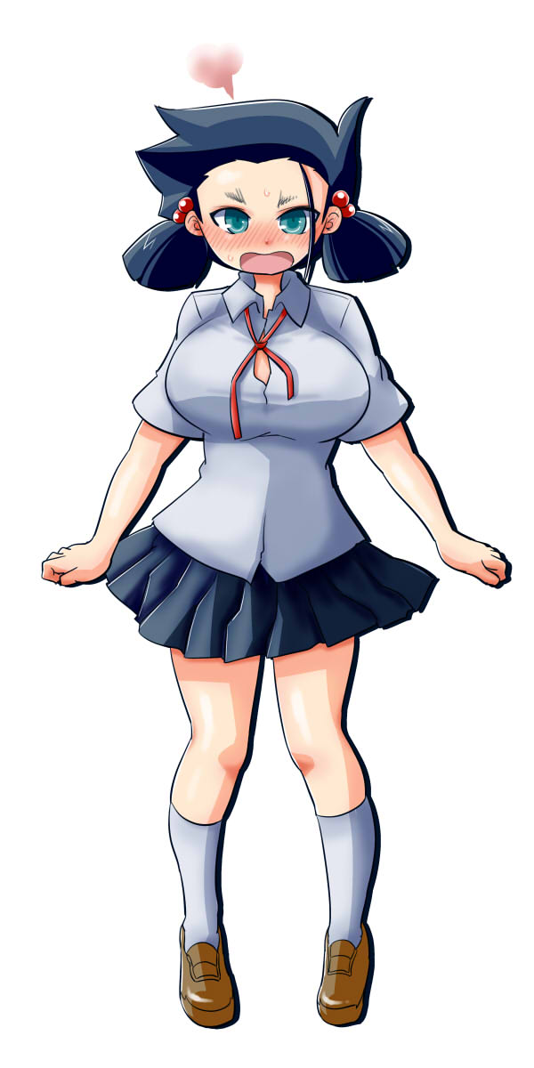 itini-sanshi, ueshige suzu, saki (manga), commentary request, highres, 1girl, black hair, black skirt, blue eyes, blush, breasts, brown shoes, forehead, full body, hair bobbles, hair ornament, huge breasts, loafers, looking at viewer, neck ribbon, no bra, nose blush, open mouth, pleated skirt, red ribbon, ribbon, shoes, short hair, simple background, skirt, socks, upper body, white background, white socks