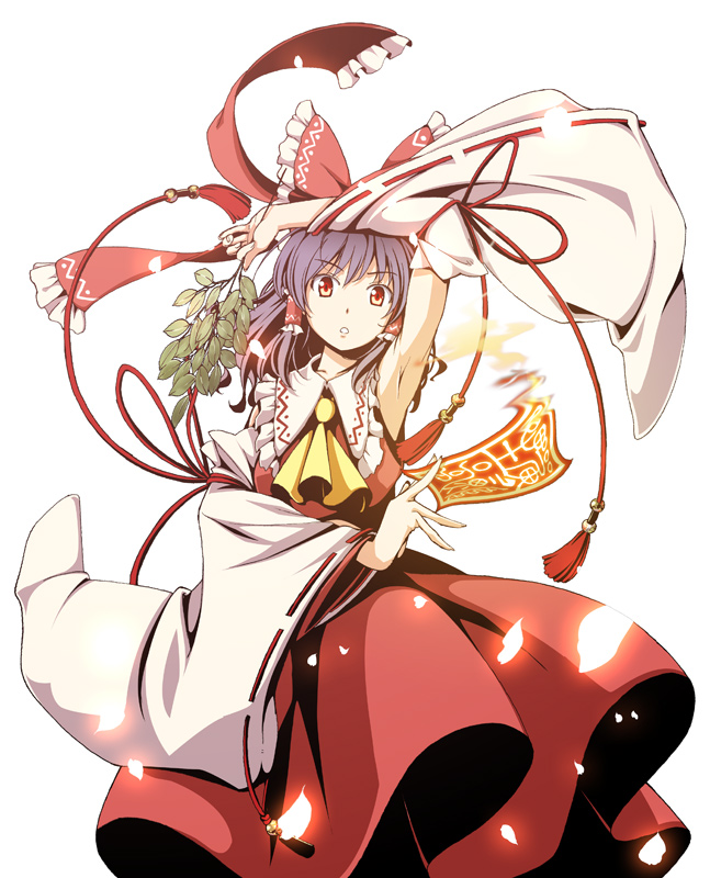 aka ringo, azuma shoujuan, hakurei reimu, touhou, 1girl, armpits, bow, detached sleeves, female focus, hair bow, japanese clothes, leaf, miko, ofuda, red eyes, solo