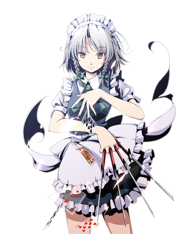 aka ringo, izayoi sakuya, embodiment of scarlet devil, touhou, silver hair, 1girl, apron, between fingers, bow, braid, card, female focus, floating card, frills, hair bow, hairband, holding, knife, maid, maid apron, maid headdress, orange eyes, playing card, red eyes, smile, solo, throwing knife, transparent card, twin braids, weapon