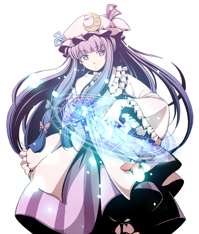 aka ringo, azuma shoujuan, patchouli knowledge, touhou, 1girl, blue eyes, bow, crescent, female focus, frills, hair bow, hat, long hair, magic, magic circle, moon, multiple hair bows, octagram, purple hair, solo