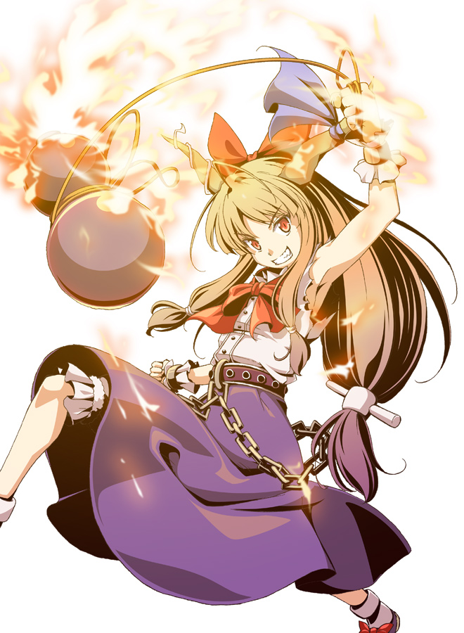 aka ringo, azuma shoujuan, ibuki suika, touhou, 1girl, belt, blonde hair, bow, chain, female focus, fire, gourd, grin, hair bow, horns, long hair, oni, red eyes, ribbon, skirt, smile, solo