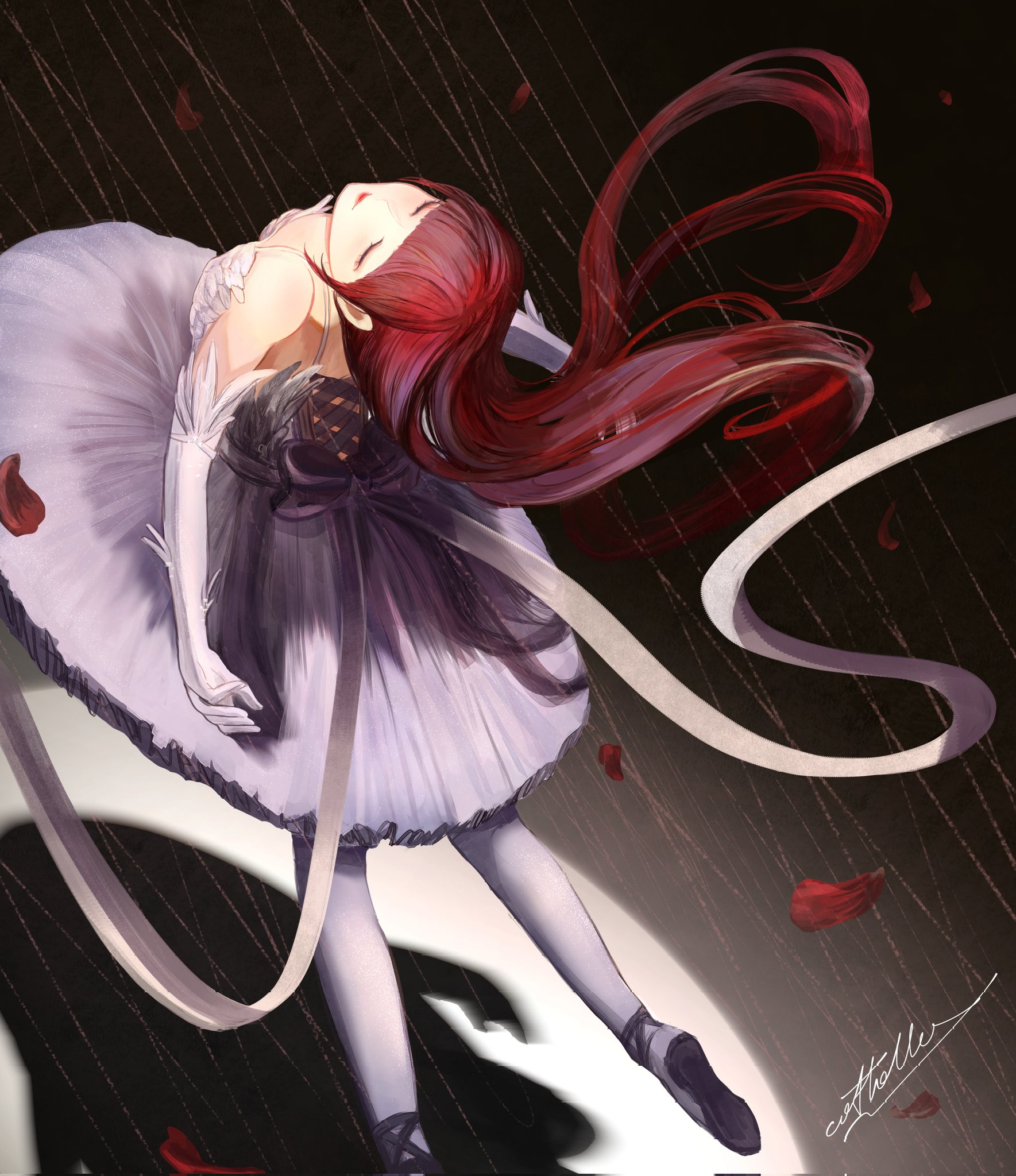 original, highres, 1girl, arched back, artist name, ballerina, ballet, ballet slippers, closed eyes, cottolla, dancing, dark background, dress, elbow gloves, foot out of frame, from above, gloves, long hair, pantyhose, red hair, red lips, shadow, signature, solo, spotlight, tutu, very long hair, white dress, white gloves, white pantyhose