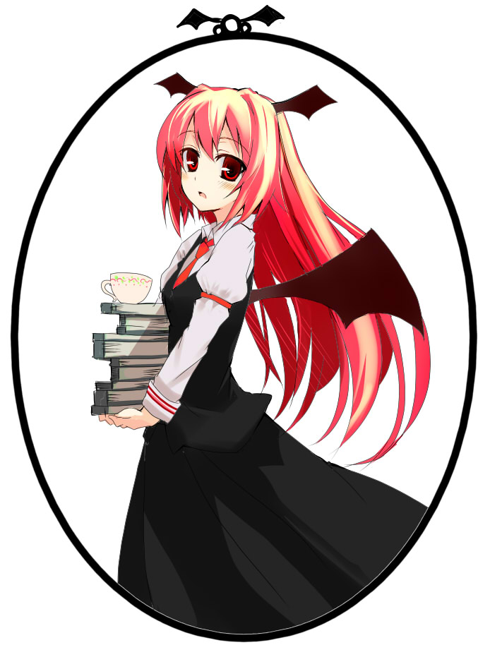 gotyou, koakuma, embodiment of scarlet devil, touhou, framed, 1girl, bat wings, blush, book, book stack, cup, female focus, from side, head wings, holding, holding book, long hair, looking at viewer, necktie, red eyes, red hair, red necktie, solo, teacup, wings