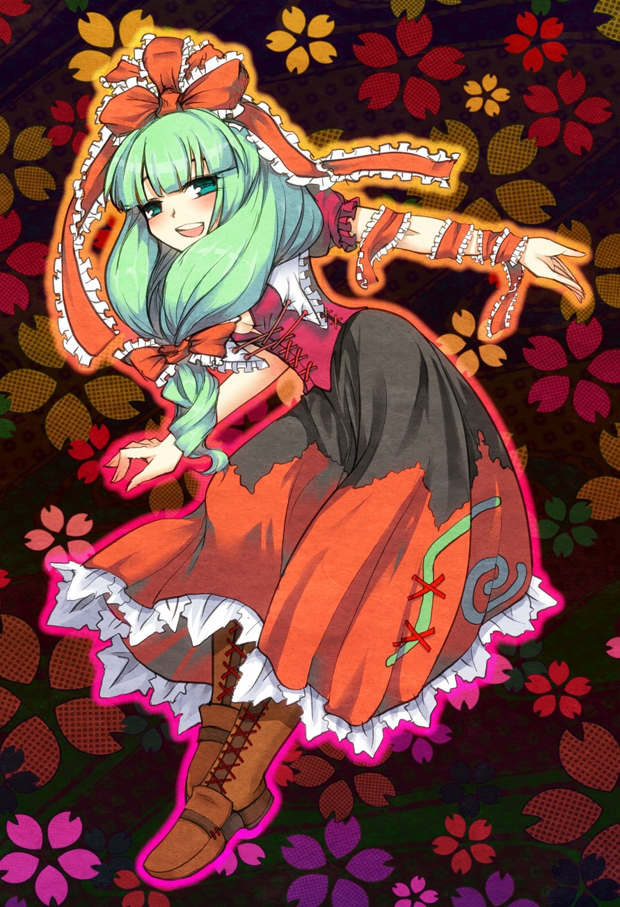 miranko, kagiyama hina, touhou, highres, 1girl, arm ribbon, blunt bangs, boots, bow, brown boots, floral print, front ponytail, full body, green eyes, green hair, narrow waist, puffy short sleeves, puffy sleeves, red bow, red ribbon, red skirt, ribbon, short sleeves, skirt, solo