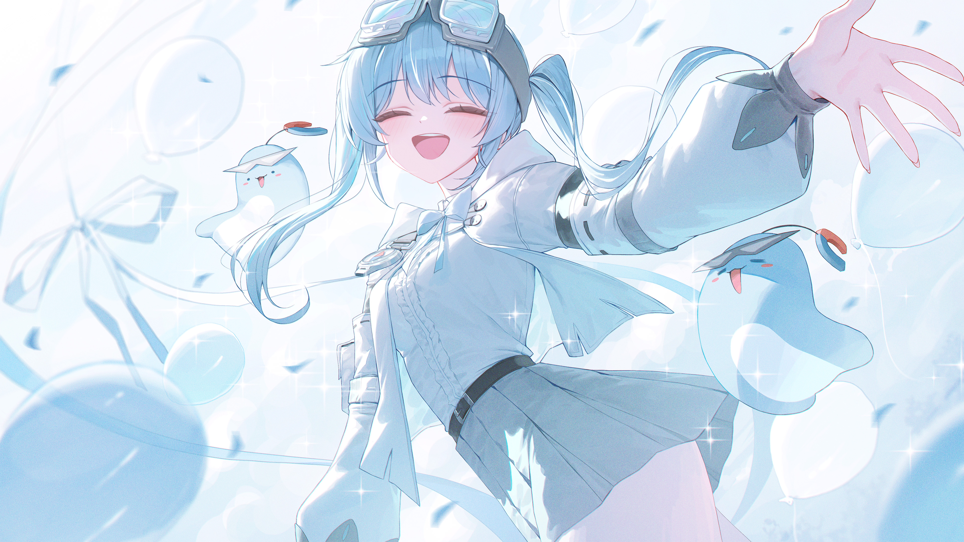 huhi (huhi 1211), arahashi tabi, pungdangi (arahashi tabi), stellive, absurdres, commentary, highres, symbol-only commentary, 1girl, aqua hair, balloon, belt, black belt, bow, bowtie, center frills, closed eyes, cowboy shot, creature, double-parted bangs, frilled shirt, frills, goggles, goggles on head, grey skirt, jacket, long hair, long sleeves, miniskirt, open clothes, open jacket, open mouth, outstretched arm, pleated skirt, shirt, shirt tucked in, skirt, smile, solo, sparkle, twintails, virtual youtuber, white bow, white bowtie, white jacket, white shirt