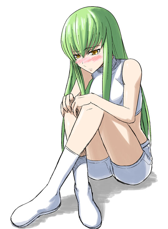 c.c., code geass, 00s, bare shoulders, blush, crossed legs, green hair, long hair, shorts, sitting, sleeveless, sleeveless turtleneck, solo, tears, turtleneck, yellow eyes