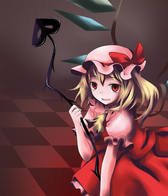 ogami kazuki, flandre scarlet, touhou, 1girl, :d, checkered floor, cowboy shot, dress, fang, female focus, hat, hat ribbon, holding, mob cap, open mouth, puffy short sleeves, puffy sleeves, red dress, red eyes, ribbon, short sleeves, side ponytail, smile, solo, stick, tooth