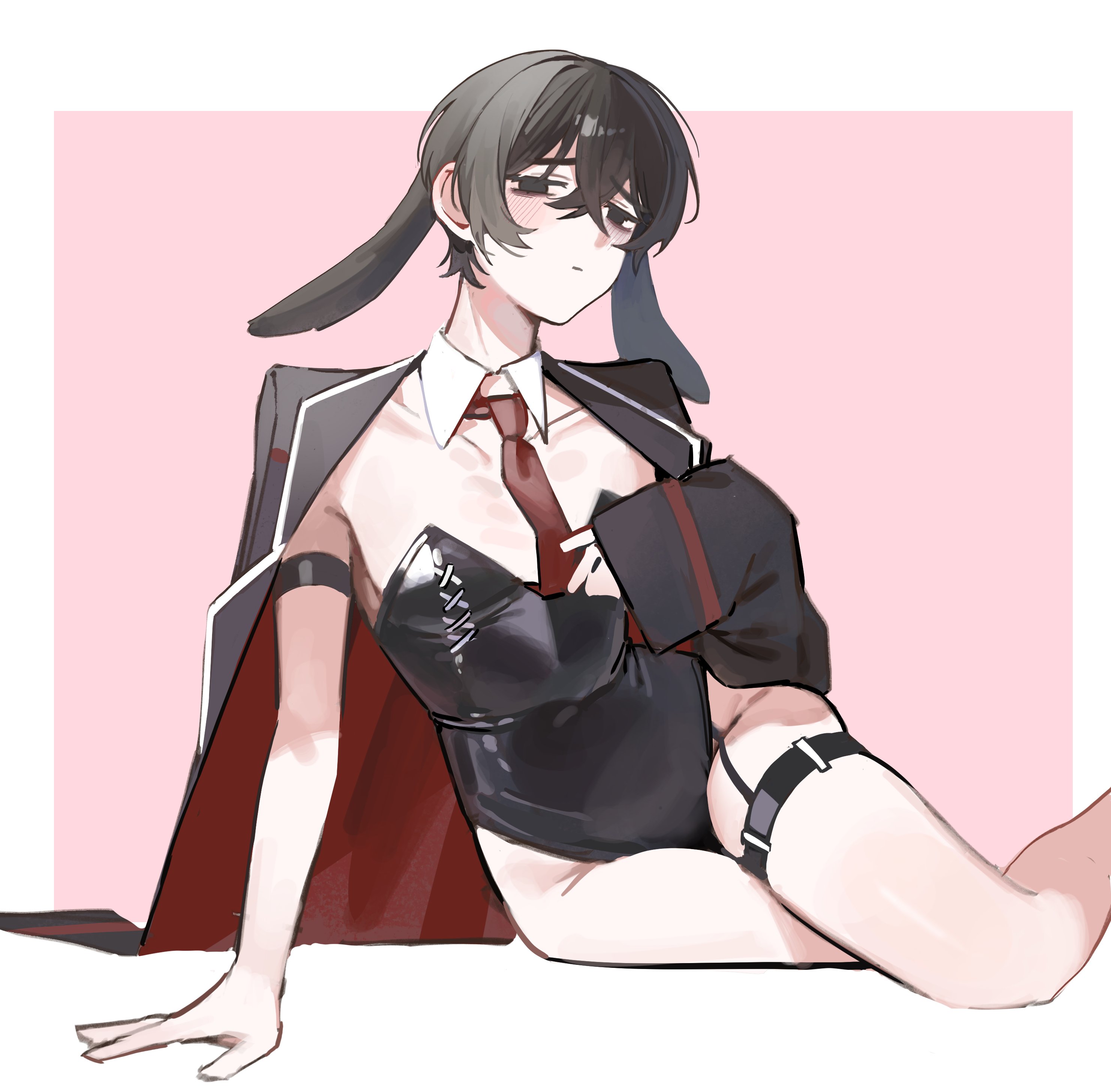 may.l, yi sang (project moon), limbus company, project moon, absurdres, highres, 1boy, alternate costume, animal ears, arm strap, black coat, black eyes, black hair, black leotard, border, coat, coat on shoulders, detached collar, full body, leotard, looking at viewer, male focus, male playboy bunny, necktie, pink background, rabbit ears, red necktie, simple background, sitting, solo, thigh strap, white border