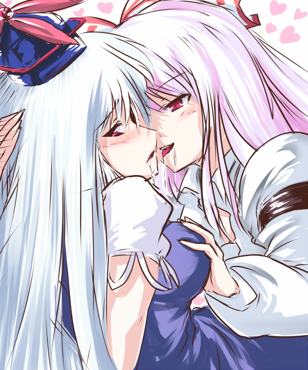date hajime, fujiwara no mokou, kamishirasawa keine, touhou, 2girls, breasts, female focus, grabbing another's breast, groping, hat, kiss, large breasts, long hair, multiple girls, ribbon, yuri