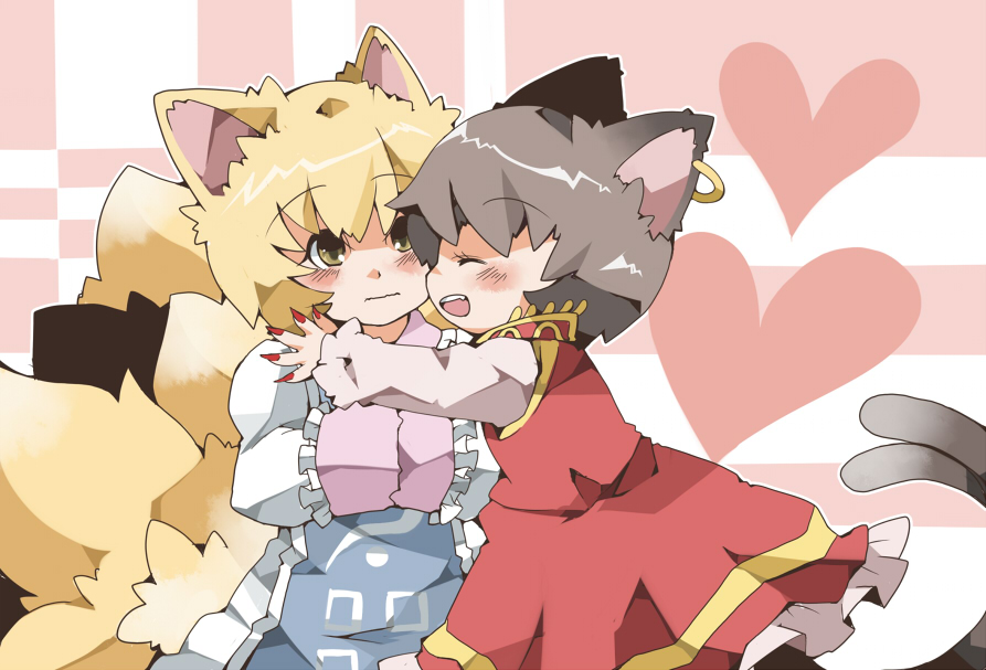 chachi, chachi (azuzu), chen, yakumo ran, touhou, bad id, bad pixiv id, 2girls, animal ears, blonde hair, brown hair, cat ears, cat girl, cat tail, china dress, chinese clothes, dress, earrings, female focus, fox ears, fox tail, hands in opposite sleeves, heart, jewelry, long sleeves, multiple girls, no headwear, ribbon, short hair, tail, tora nuko