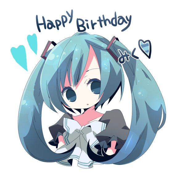 ana (rznuscrf), hatsune miku, vocaloid, 1girl, :o, birthday, blue eyes, blue hair, bow, bowtie, colored eyelashes, eyelashes, female focus, long hair, matching hair/eyes, no nose, solo, twintails, upper body