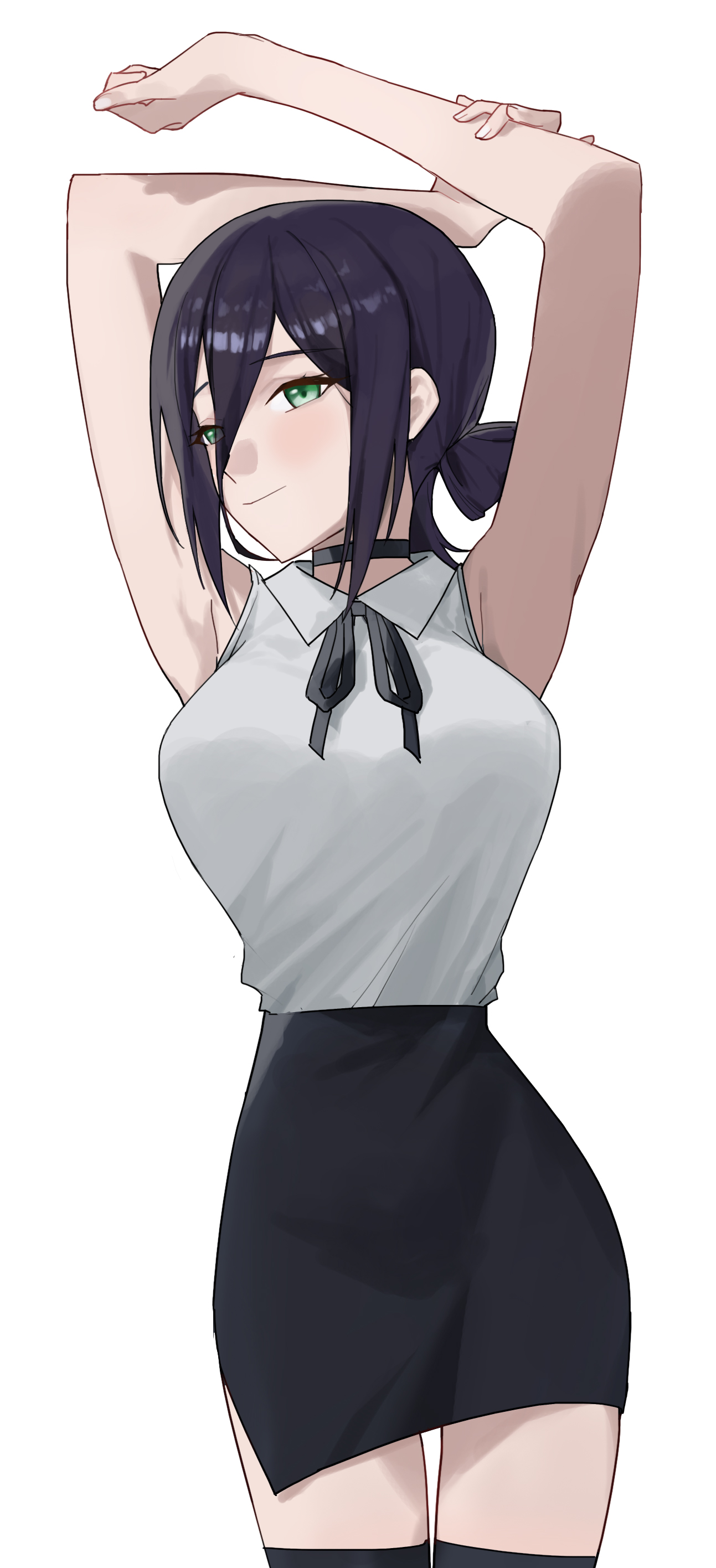 phant ash, reze (chainsaw man), chainsaw man, absurdres, commentary, highres, 1girl, armpits, arms up, black choker, black hair, black ribbon, black skirt, black thighhighs, breasts, choker, closed mouth, collared shirt, green eyes, hair bun, large breasts, looking at viewer, ribbon, shirt, simple background, skirt, sleeveless, sleeveless shirt, solo, thighhighs, white background, white shirt