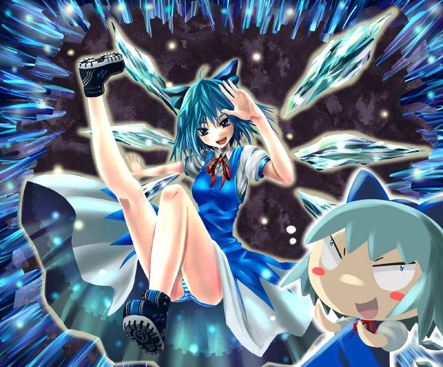 kabutoyama, cirno, embodiment of scarlet devil, touhou, 1girl, blue hair, blush, boots, breasts, dress, female focus, hand up, kneepits, looking at viewer, open mouth, panties, ribbon, shirt, short hair, short sleeves, smile, solo, striped clothes, striped panties, underwear, wings