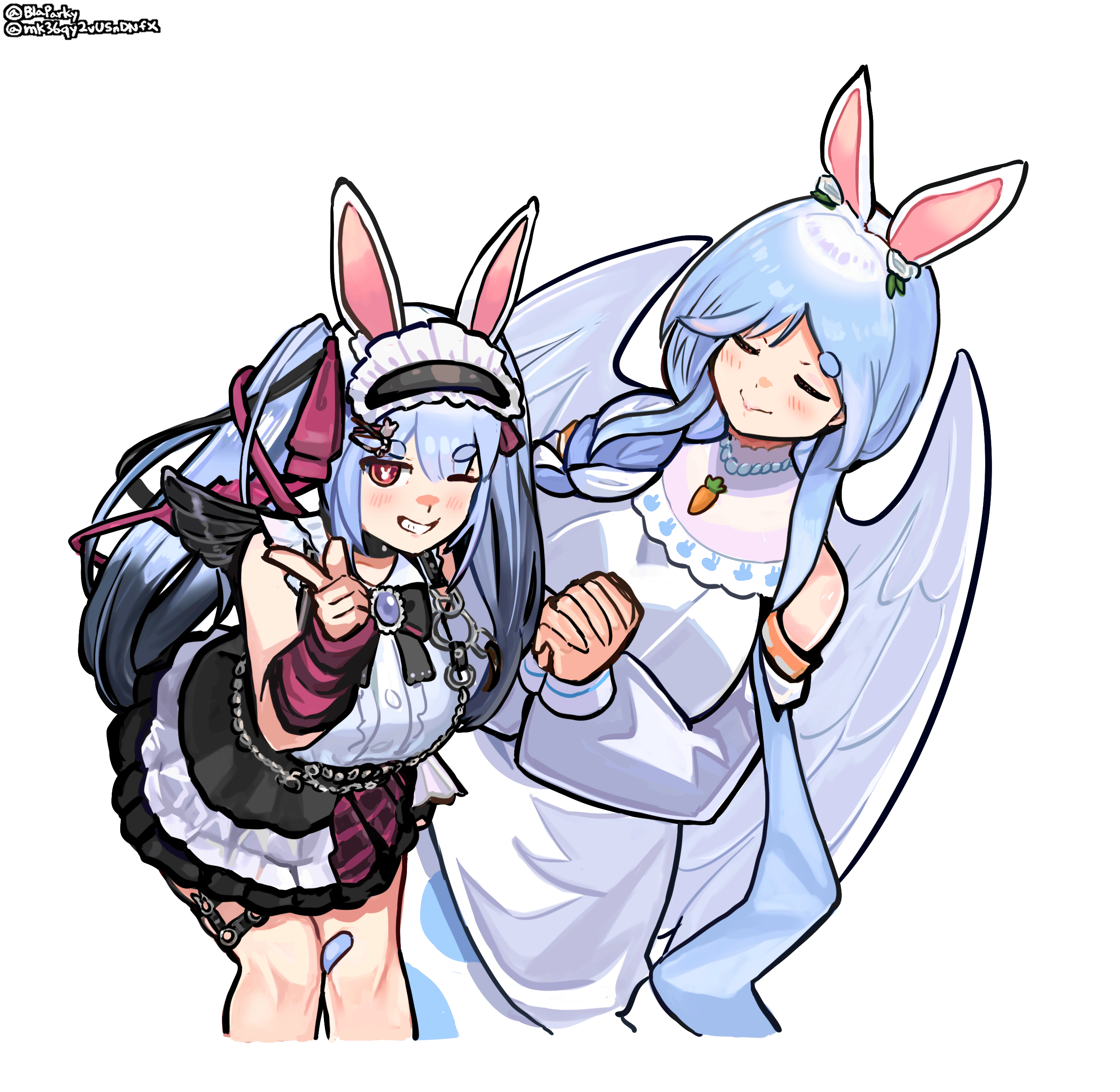 blaparky, pekomama, usada pekora, hololive, absurdres, highres, 2girls, angel, angel wings, animal ears, black dress, braid, braided ponytail, closed eyes, closed mouth, dress, hair over shoulder, looking at viewer, mature female, mother and daughter, multiple girls, official alternate costume, orange eyes, own hands together, pekomama (2nd costume), rabbit-shaped pupils, rabbit ears, rabbit girl, short eyebrows, smile, symbol-shaped pupils, usada pekora (11th costume), virtual youtuber, white dress, wings