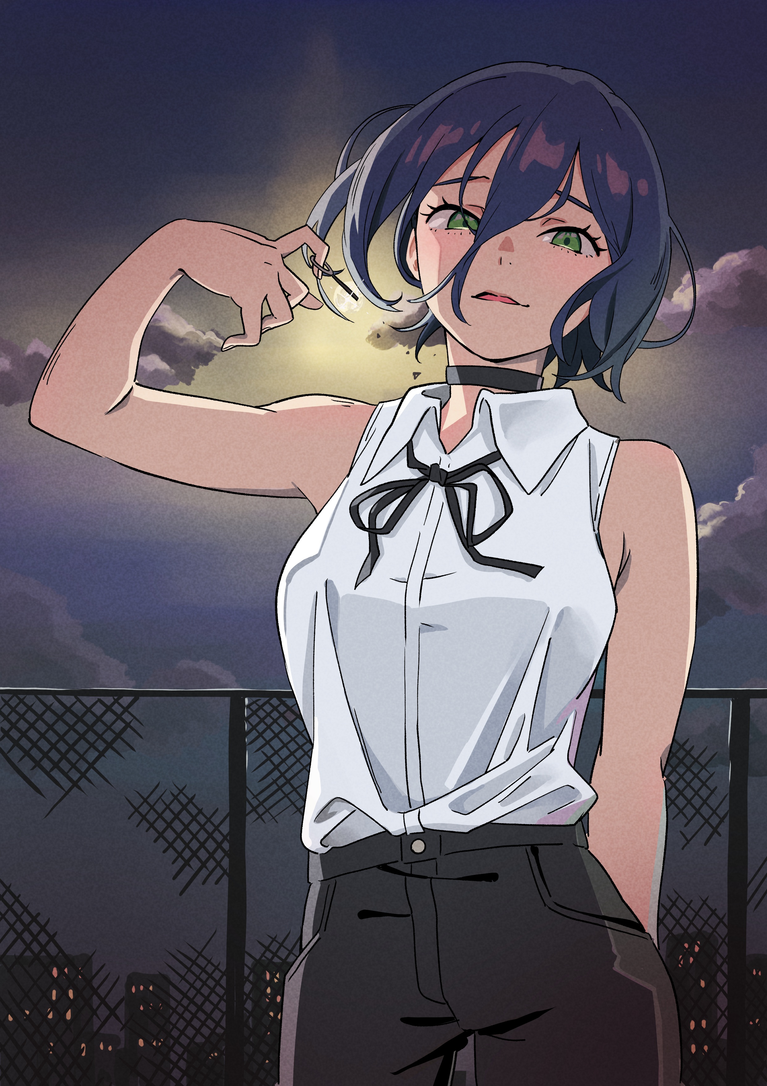 takkun (takkun20), reze (chainsaw man), chainsaw man, absurdres, highres, 1girl, black choker, black hair, black ribbon, black shorts, choker, collared shirt, fence, green eyes, grenade pin, moon, night, open mouth, outdoors, ribbon, shirt, shorts, sleeveless, sleeveless shirt, solo, white shirt