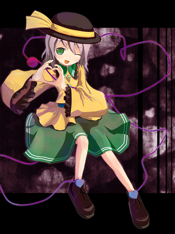 popo (0kyono0), komeiji koishi, touhou, bad id, bad pixiv id, 1girl, black hat, black shoes, bow, buttons, child, diamond button, female focus, frilled sleeves, frills, green eyes, green skirt, grey hair, hat, hat ribbon, heart, heart hands, heart of string, one eye closed, open mouth, ribbon, shirt, shoes, short hair, skirt, solo, wink, yellow bow, yellow ribbon, yellow shirt