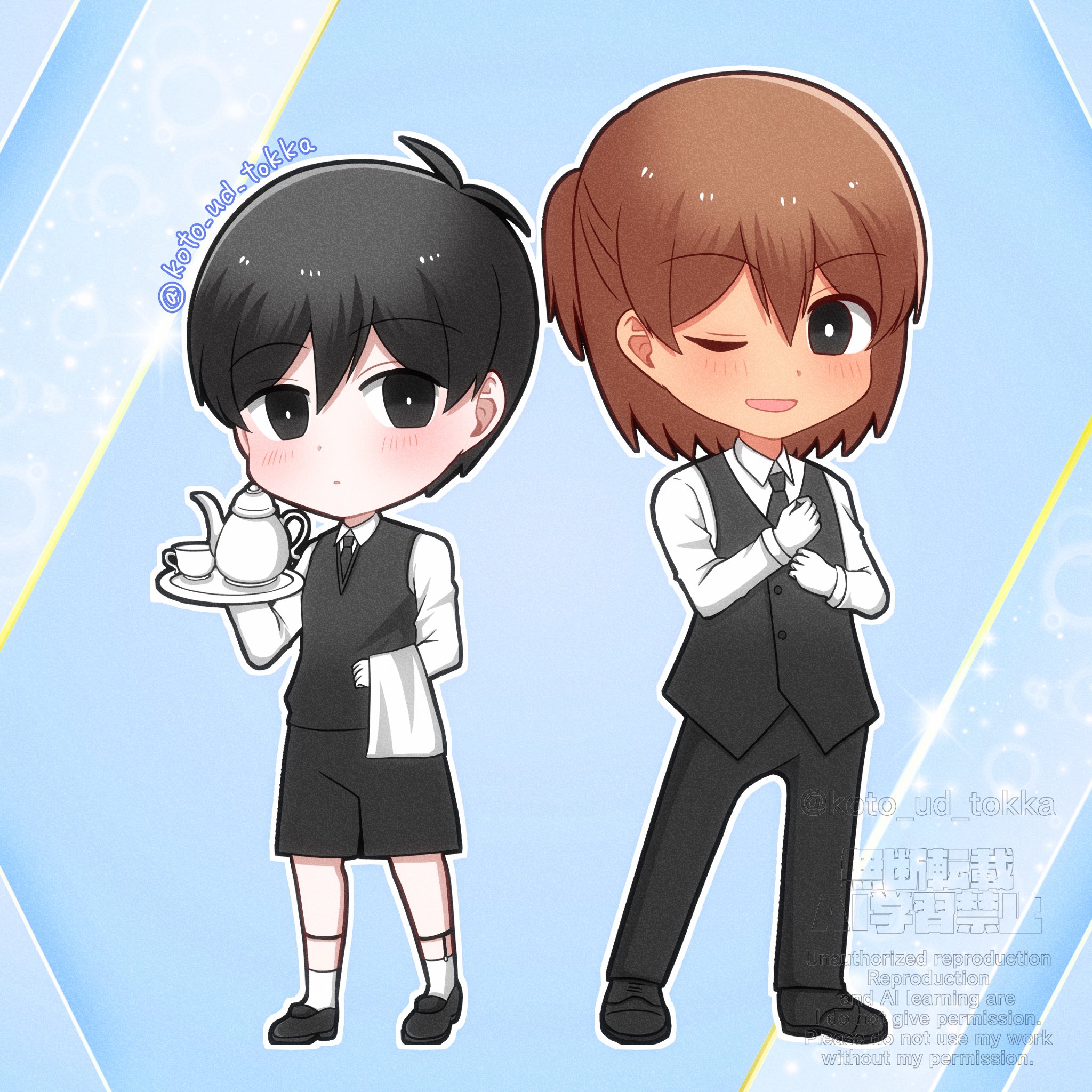 hisaho, kel (faraway) (omori), kel (omori), sunny (omori), omori, highres, 2boys, alternate costume, alternate hairstyle, antenna hair, black eyes, black hair, black necktie, black pants, black shoes, black shorts, bright pupils, brown hair, butler, chibi, chibi only, closed mouth, collared shirt, cup, dark-skinned male, dark skin, double-parted bangs, gloves, hair between eyes, holding, holding plate, loafers, long sleeves, looking at another, male focus, multiple boys, necktie, one eye closed, open mouth, pants, plate, shirt, shoes, short hair, shorts, socks, teacup, teapot, twitter username, watermark, white gloves, white pupils, white shirt, white socks