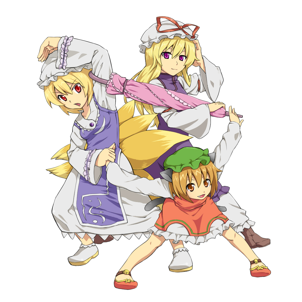 aisora, chen, yakumo ran, yakumo yukari, touhou, 3girls, animal ears, blonde hair, brown eyes, brown hair, cat ears, cat girl, cat tail, fang, female focus, fox ears, fox tail, hat, long hair, multiple girls, multiple tails, purple eyes, red eyes, ribbon, short hair, tail, umbrella