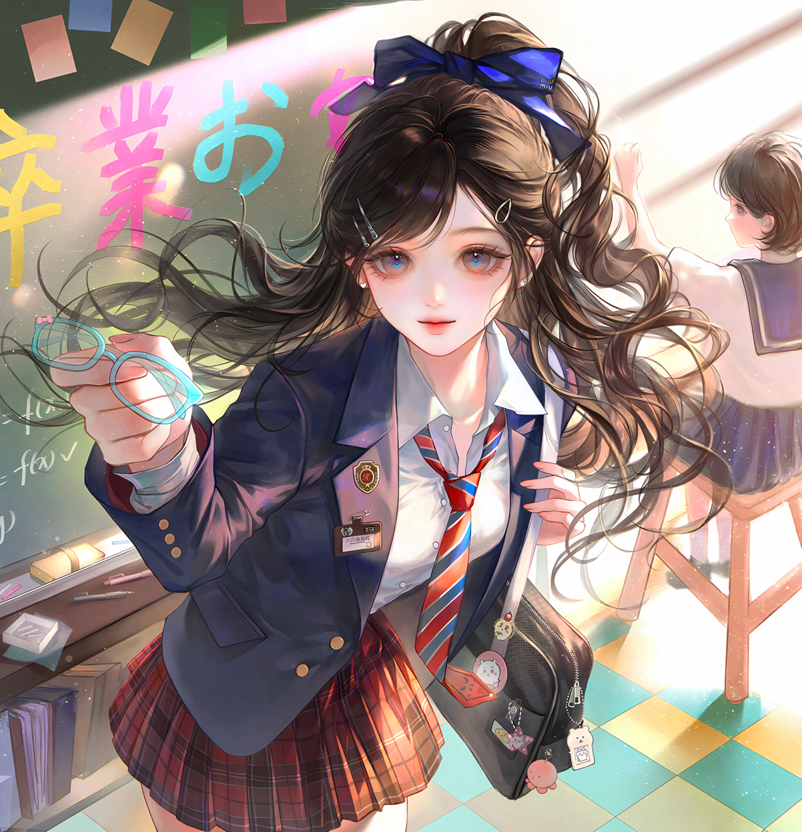 original, highres, large variant set, variant set, 2girls, badge, bag, black hair, blazer, blue bow, blue eyes, blue skirt, bow, brown hair, chalkboard, classroom, closed mouth, collared shirt, glasses, hair bow, hair ornament, hairclip, holding, indoors, jacket, ling0, lips, long hair, long sleeves, looking at viewer, makeup, multiple girls, necktie, plaid clothes, plaid skirt, pleated skirt, ponytail, red necktie, red skirt, school bag, school uniform, serafuku, shirt, skirt, smile, standing, white shirt