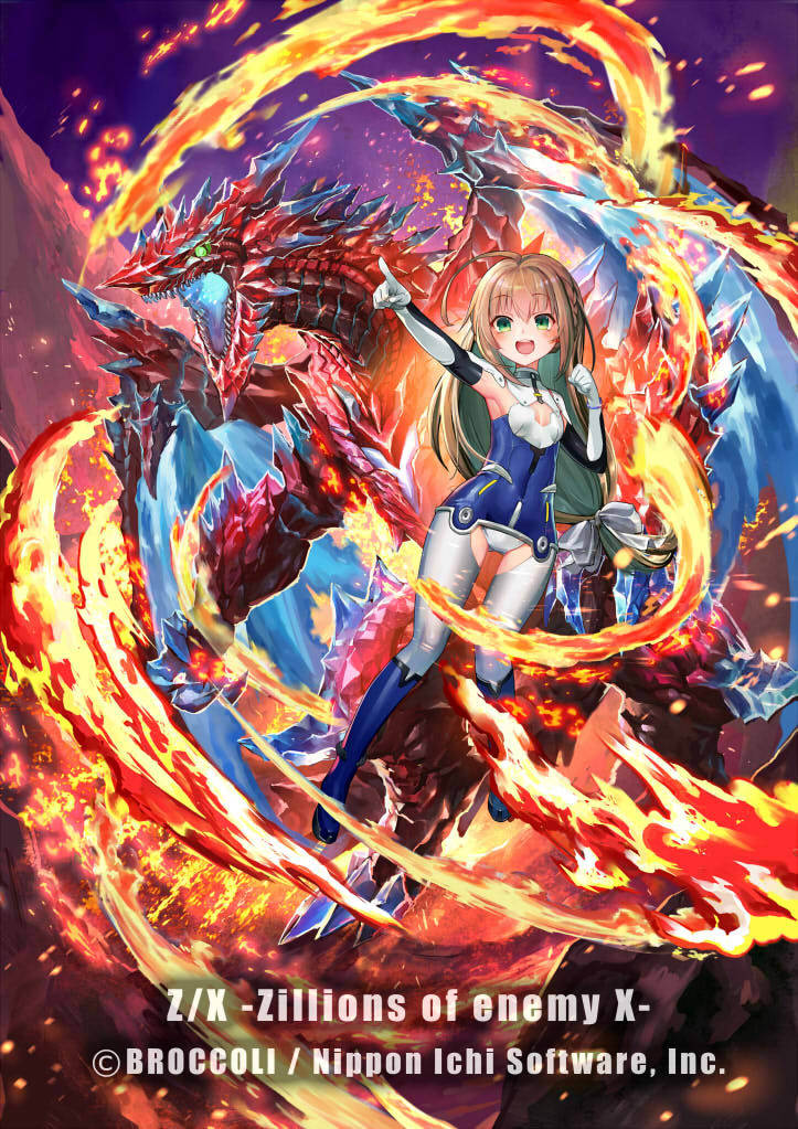 yuukoo, z/x, official art, 1girl, ahoge, blue bodysuit, bodysuit, bow, breasts, brown hair, cleavage cutout, clothing cutout, copyright notice, dragon, dragon wings, elbow gloves, fire, gloves, green eyes, hair bow, kurashiki sera, long hair, low-tied long hair, multicolored bodysuit, open mouth, pointing, small breasts, teeth, upper teeth only, very long hair, white bodysuit, white bow, white gloves, wings
