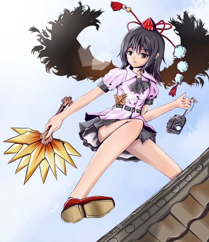 baraen, shameimaru aya, touhou, bad id, bad pixiv id, 1girl, black hair, black wings, brown eyes, camera, day, female focus, hand fan, hat, lens flare, looking at viewer, petticoat, ribbon, short hair, skirt, sky, solo, tassel, tokin hat, wings