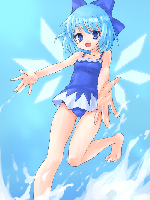 midori (green tea), midori (pixiv), cirno, touhou, bad id, bad pixiv id, 1girl, adapted costume, bare legs, bare shoulders, barefoot, blue eyes, blue hair, female focus, foreshortening, looking at viewer, matching hair/eyes, one-piece swimsuit, open mouth, outstretched arms, ribbon, short hair, smile, solo, standing, standing on one leg, swimsuit, water, wings