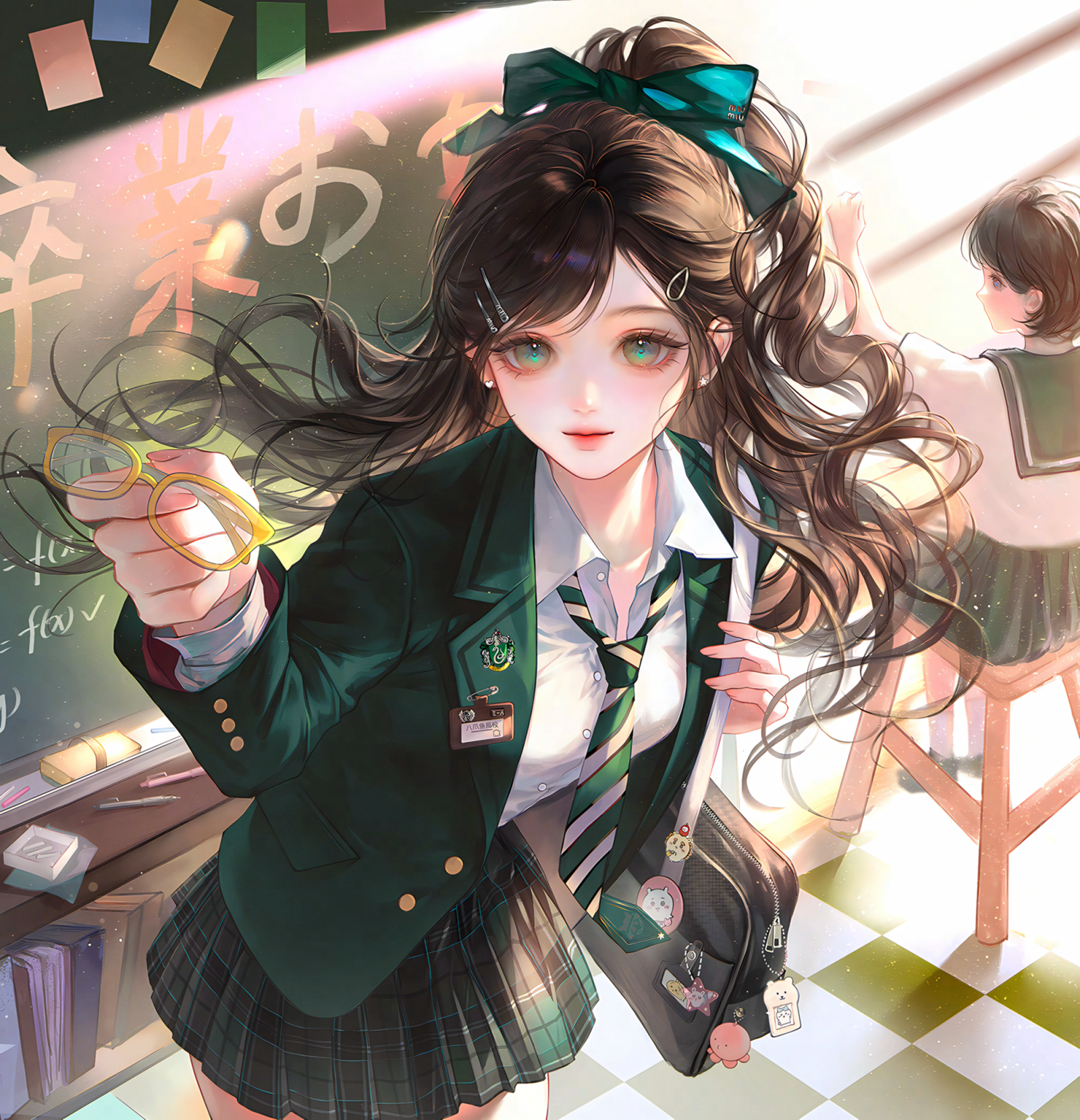 original, highres, large variant set, variant set, 2girls, badge, bag, black hair, black skirt, blazer, bow, brown hair, chalkboard, classroom, collared shirt, glasses, green eyes, green jacket, green necktie, hair bow, hair ornament, hairclip, holding, indoors, jacket, ling0, lips, long hair, long sleeves, looking at viewer, multiple girls, necktie, plaid clothes, plaid skirt, pleated skirt, ponytail, ribbon, school bag, school uniform, shirt, skirt, smile, standing, white shirt
