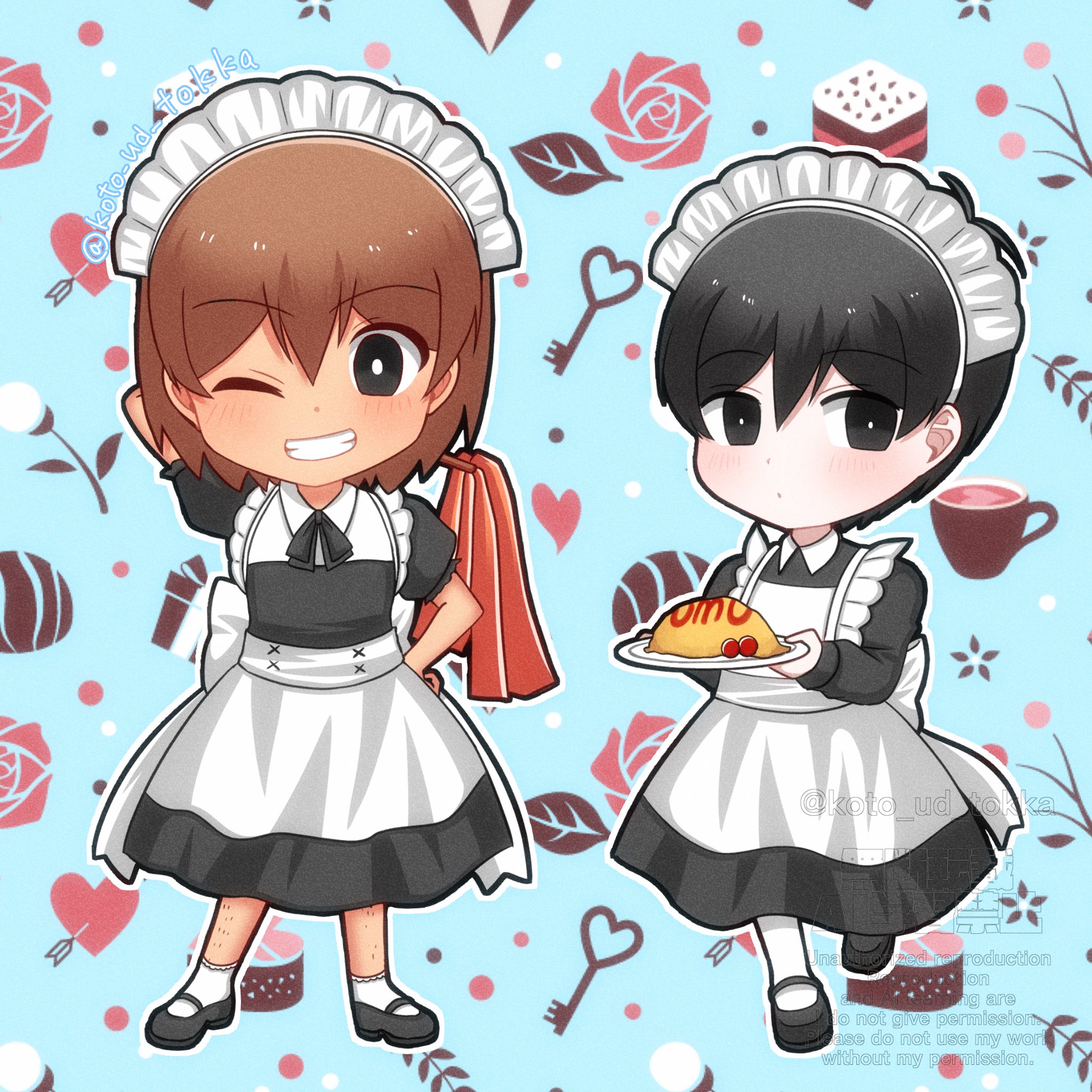 hisaho, kel (faraway) (omori), kel (omori), sunny (omori), omori, highres, 2boys, alternate costume, antenna hair, arm behind head, arm up, black eyes, black hair, black shoes, blush, bright pupils, brown hair, chibi, chibi only, closed mouth, dark-skinned male, dark skin, double-parted bangs, enmaided, food, grin, hair between eyes, hand on own hip, holding, holding plate, long sleeves, looking at viewer, maid, maid headdress, male focus, multiple boys, omelet, omurice, one eye closed, open mouth, plate, puffy short sleeves, puffy sleeves, shoes, short hair, short sleeves, smile, socks, teeth, twitter username, watermark, white pupils, white socks
