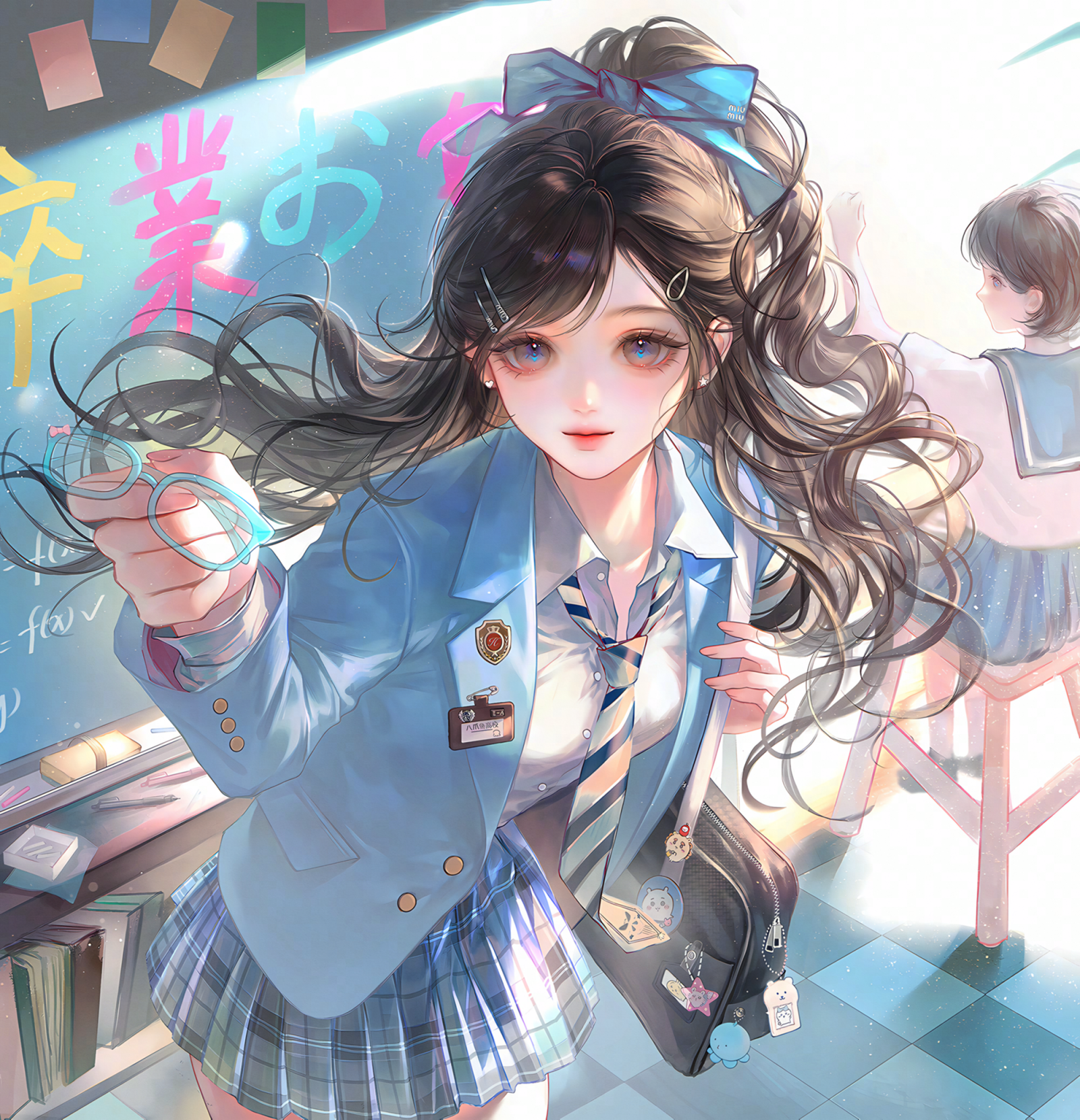 original, highres, large variant set, variant set, 2girls, badge, bag, black hair, blazer, blue eyes, blue jacket, blue necktie, blue skirt, bow, glasses, hair bow, hair ornament, hairclip, holding, indoors, jacket, ling0, long hair, looking at viewer, multiple girls, necktie, plaid clothes, plaid skirt, pleated skirt, ponytail, school bag, school uniform, shirt, skirt, standing, white shirt