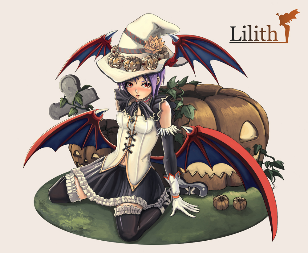 tekkaman, lilith (darkstalkers), capcom, darkstalkers, bad id, bad pixiv id, blush, character name, demon girl, gloves, purple hair, red eyes, solo, thighhighs, wings, zettai ryouiki