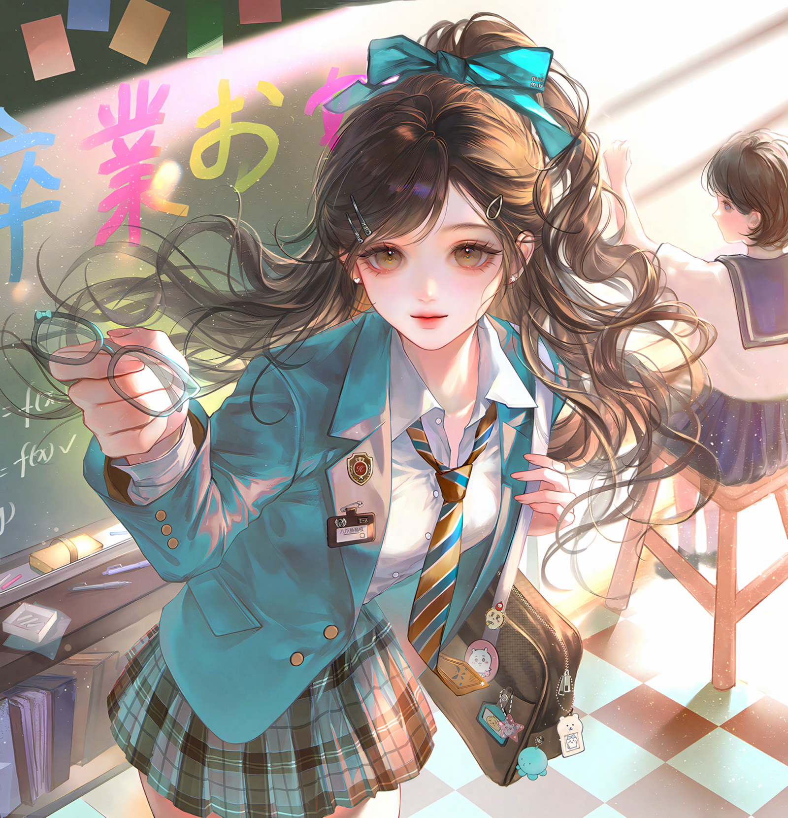 original, highres, large variant set, variant set, 2girls, badge, bag, blazer, blue jacket, blue skirt, bow, brown eyes, brown hair, chalkboard, classroom, collared shirt, glasses, hair bow, hair ornament, hairclip, holding, indoors, jacket, ling0, long hair, looking at viewer, multiple girls, necktie, plaid clothes, plaid skirt, pleated skirt, ponytail, school bag, school uniform, shirt, skirt, white shirt