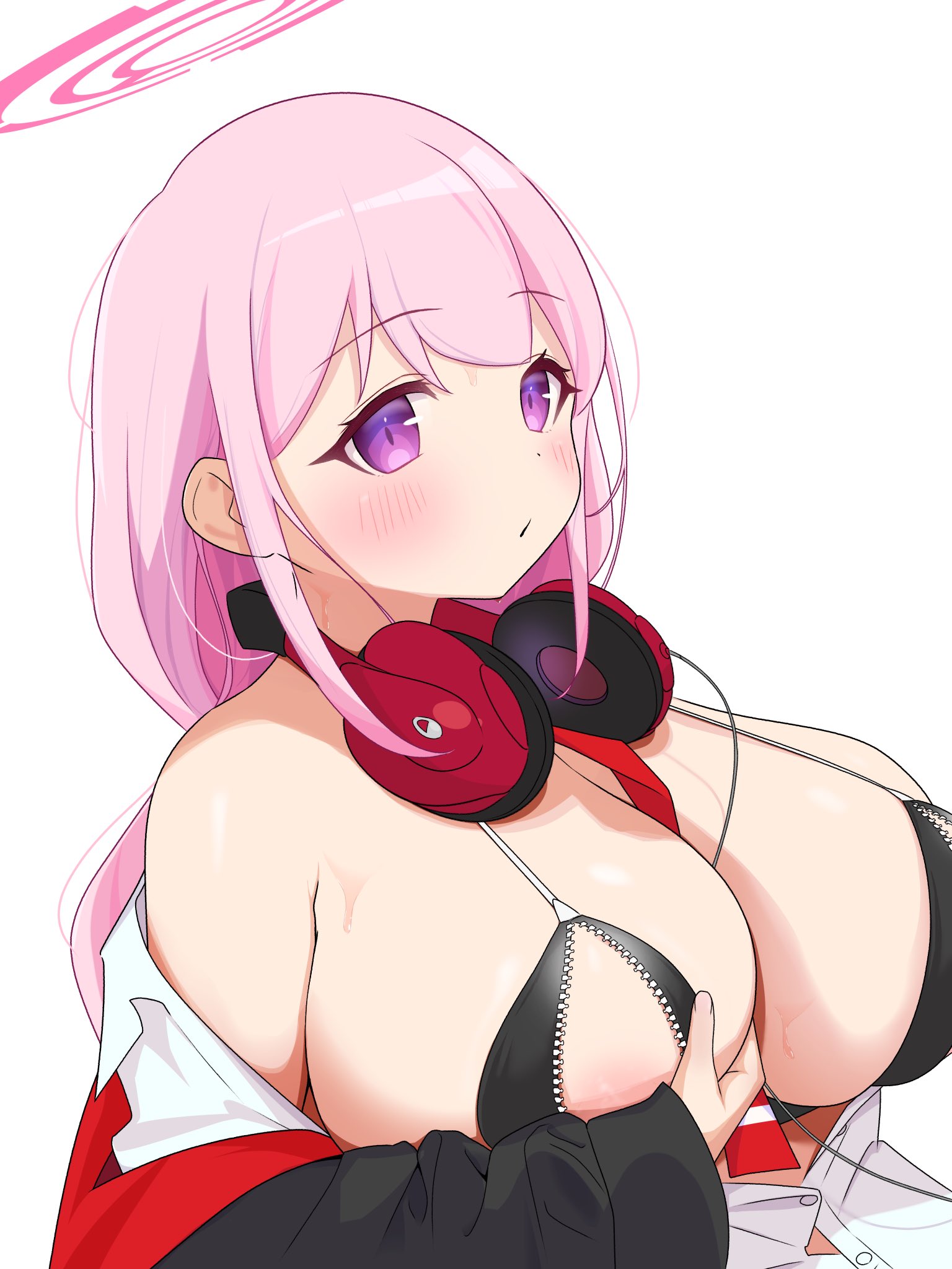 eimi (blue archive), blue archive, highres, 1girl, between breasts, bikini, breast zipper, breasts, cleavage, collared shirt, halo, headphones, headphones around neck, long hair, lovekaosu, necktie, necktie between breasts, nipple slip, nipples, pink hair, pink halo, purple eyes, red necktie, shirt, swimsuit, zipper bikini