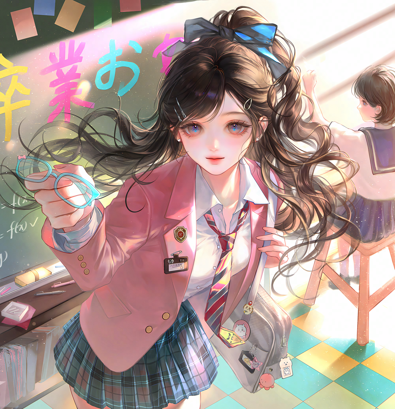original, highres, large variant set, variant set, 2girls, badge, bag, black hair, blazer, blue eyes, blue skirt, bow, brown hair, chalkboard, classroom, collared shirt, glasses, hair bow, hair ornament, hairclip, holding, indoors, jacket, ling0, long hair, looking at viewer, multiple girls, necktie, plaid clothes, plaid skirt, pleated skirt, ponytail, school bag, school uniform, shirt, skirt, white shirt