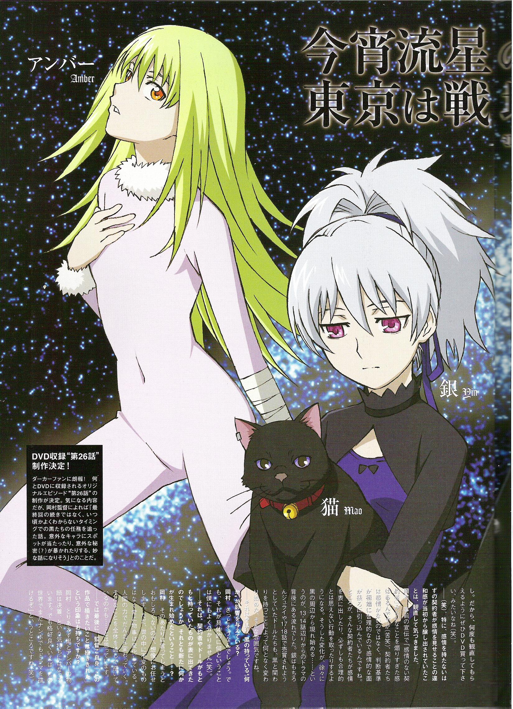amber (darker than black), mao (darker than black), yin (darker than black), darker than black, highres, official art, scan, 00s, 2girls, black cat, cat, multiple girls