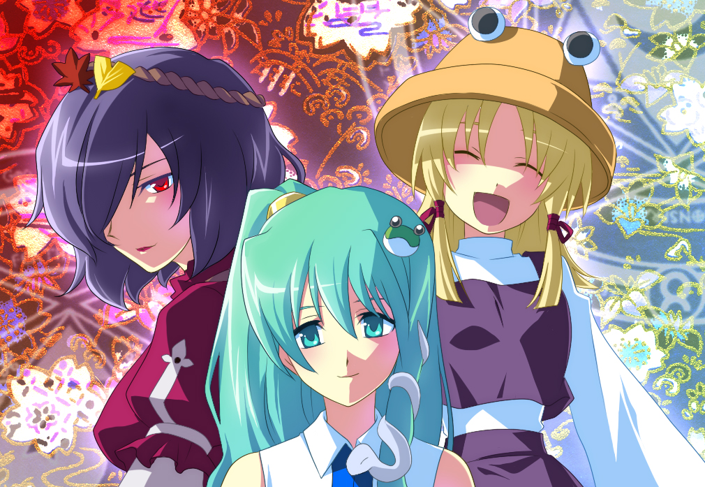 soukuu kizuna, kochiya sanae, moriya suwako, yasaka kanako, touhou, 3girls, blonde hair, female focus, green hair, hat, japanese clothes, leaf, long hair, miko, multiple girls, purple hair, rope, short hair, smile