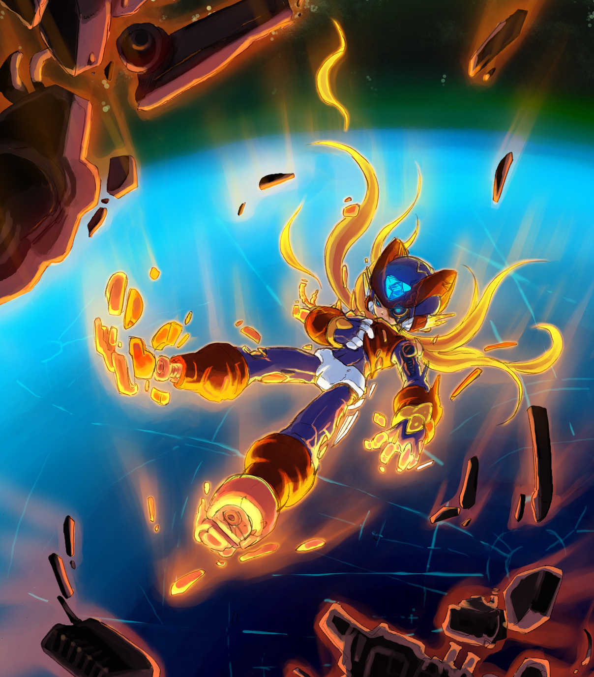 nasu (roda de estrela), zero(z) (mega man), zero (mega man), mega man (series), mega man zero (series), mega man zero 4, commentary request, highres, 1boy, amputee, android, armor, atmospheric reentry, damaged, debris, earth (planet), falling, forehead jewel, full body, helmet, jewelry, planet, ponytail, red armor, red helmet, robot, solo
