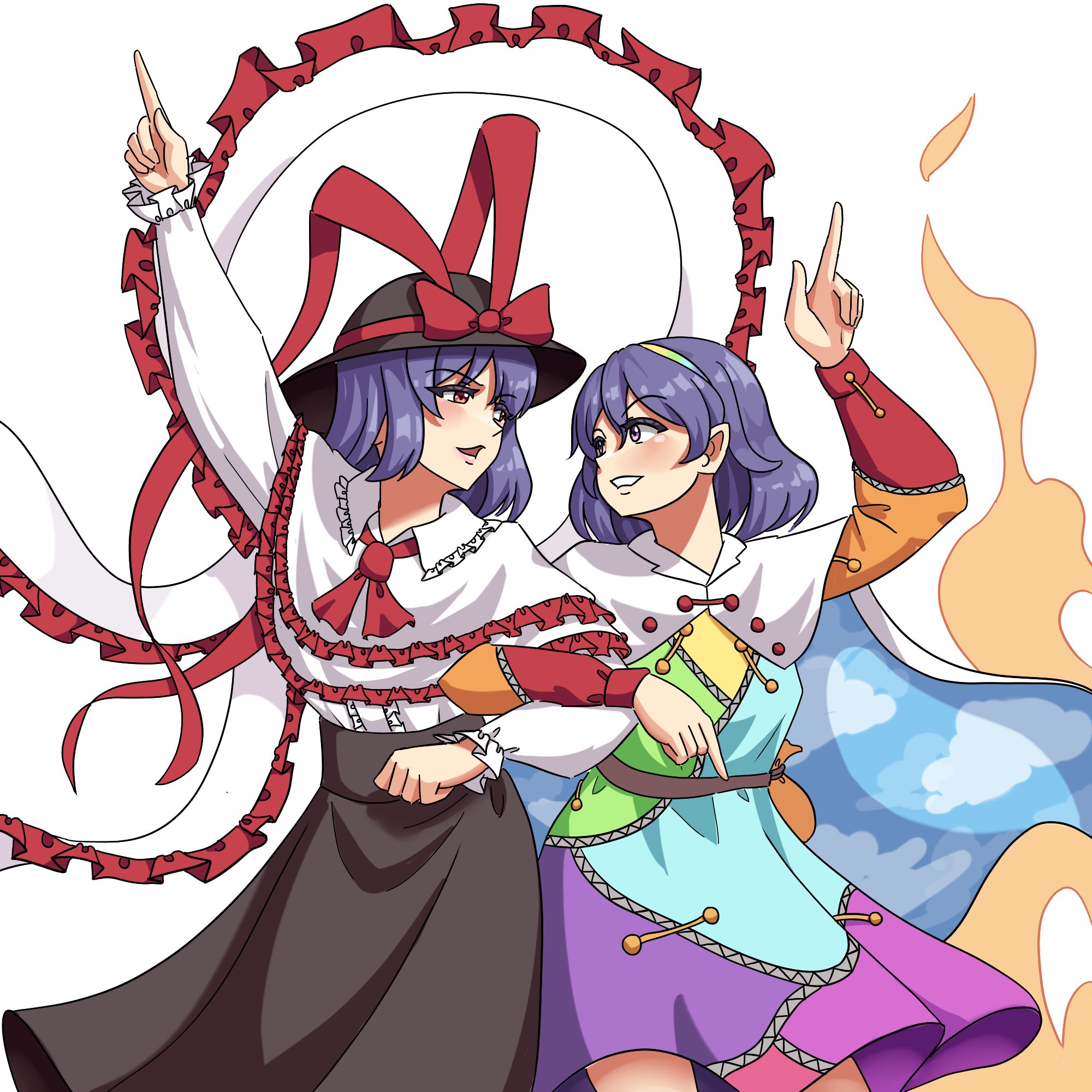 praeto, nagae iku, tenkyuu chimata, touhou, highres, 2girls, black hat, black skirt, cape, dress, hat, long skirt, multiple girls, pointing, pointing up, purple eyes, purple hair, red eyes, short hair, skirt, smile, white background, white cape