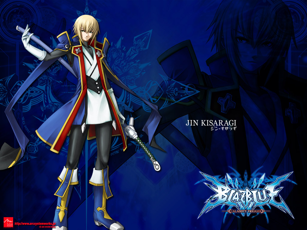 kisaragi jin, arc system works, blazblue, blazblue: calamity trigger, 1boy, blonde hair, boots, green eyes, male focus, solo, sword, weapon